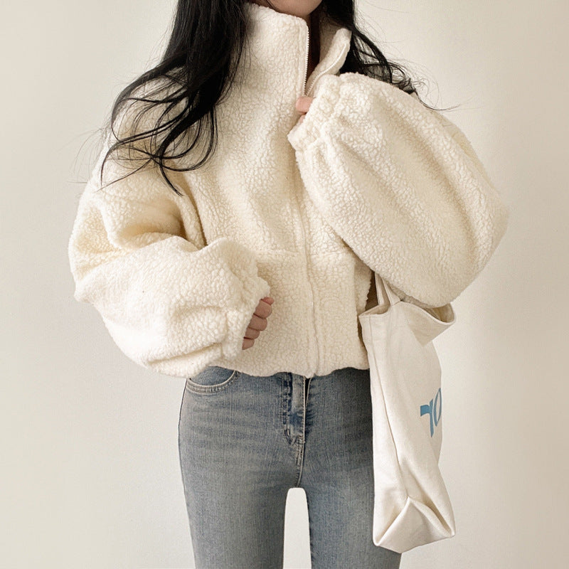 Damen kuschelige Fleece-Jacke mit hohem Kragen und Reißverschluss Drune