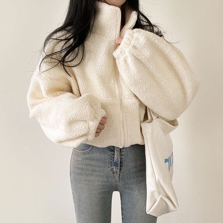 Damen kuschelige Fleece-Jacke mit hohem Kragen und Reißverschluss Drune