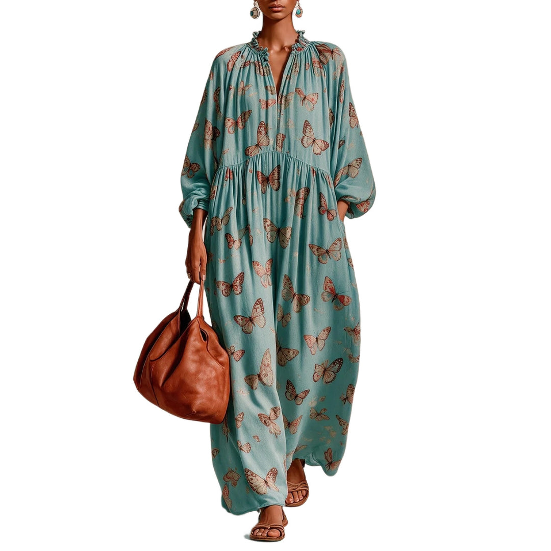 Damen Maxikleid im Boho-Caftan-Stil mit Schmetterlingsprint und geraffter Empire‑Taillen Drune