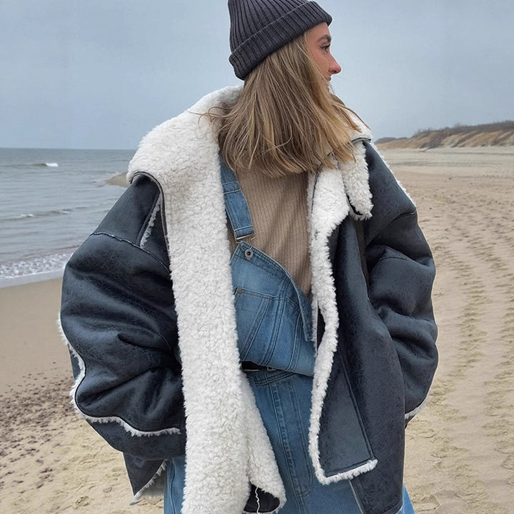 Damen Oversize Pilotjacke im Vintage-Look mit Sherpa‑Futter und Kontrastbesätzen Drune