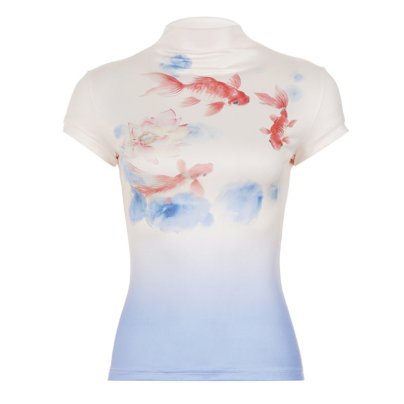 Damen Kurzarmshirt mit floralem Motiv und hochgeschlossenem Kragen Drune
