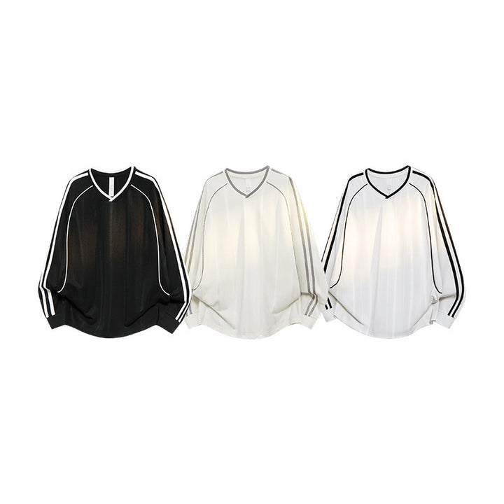 Damen Weites V-Ausschnitt Oversize-Sportshirt mit Raglanärmeln und Kontraststreifen Drune