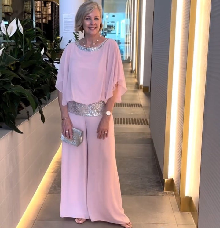 Damen Elegantes Abendzweiteiler mit Chiffon-Cape und Palazzo‑Hose Drune