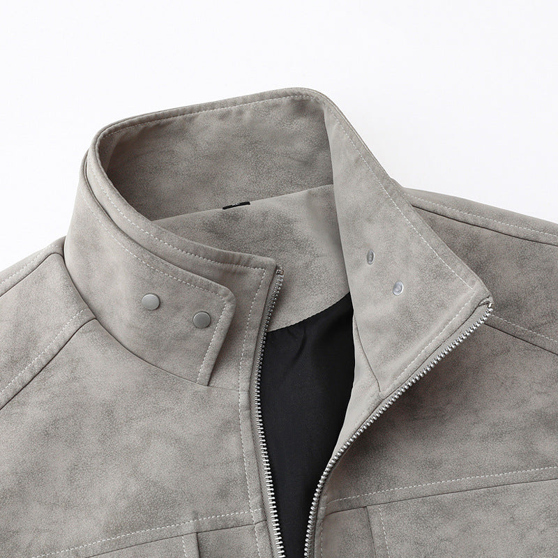 Herren  Faux-Suede Strukturierte Stehkragen-Zip-Jacke mit schrägen Brusttaschen Drune