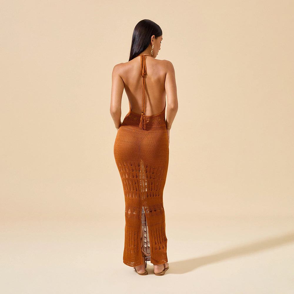 Damen elegantes Häkel-Maxikleid mit tiefem Rückenausschnitt Drune