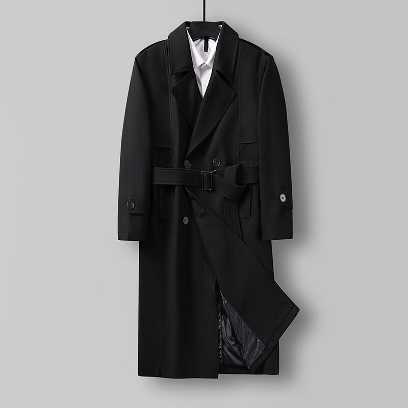 Herren Midilanger Doppelreihiger Trenchcoat mit Taillengürtel, abgefalcetem Revers und kariertem Innenfutter Drune