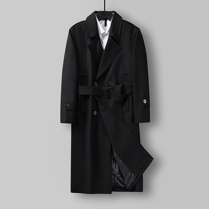 Herren Midilanger Doppelreihiger Trenchcoat mit Taillengürtel, abgefalcetem Revers und kariertem Innenfutter Drune