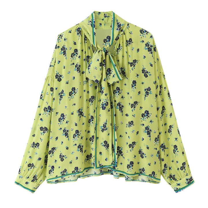 Damen Florale Satin-Schleifenbluse mit weitem Fall und Retro-Print Drune