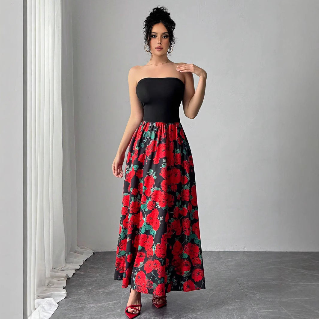 Damen nan trägerloses Maxikleid mit figurbetontem Bandeau-Oberteil und ausgestelltem Rosen-Print-Rock Drune