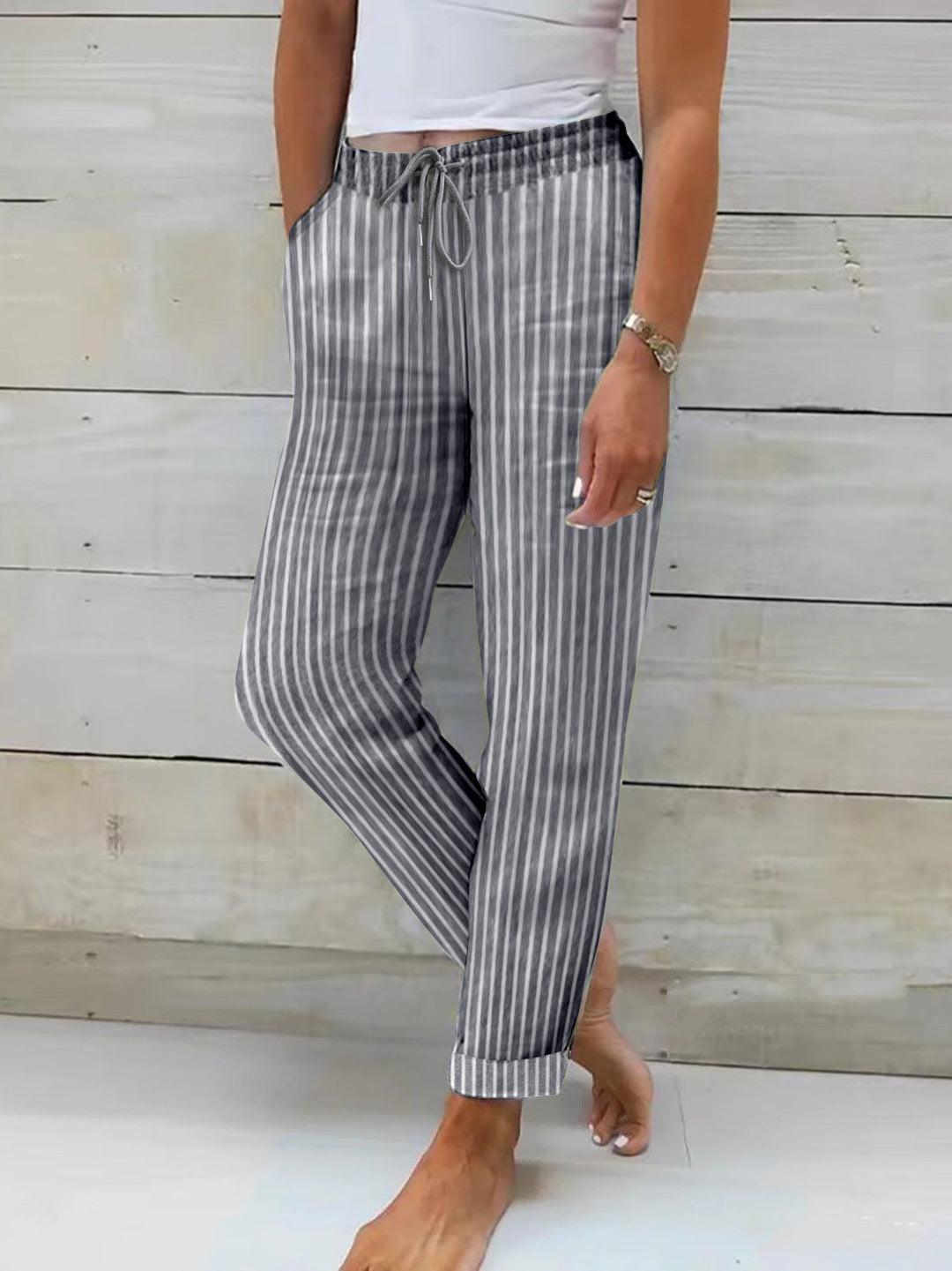 Damen entspannte Baumwoll-Streifenhose mit verstellbarem Bund Drune