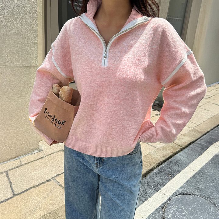 Damen nan oversized Strickpullover mit halbem Reißverschluss, Kontrastpaspeln und überschnittener Schulter Drune