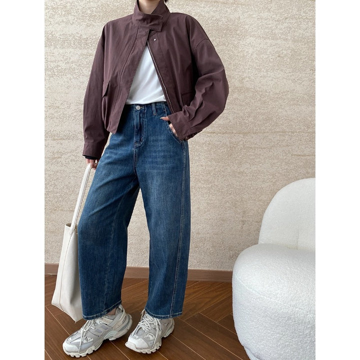 Damen lässige Übergangsjacke im minimalistischen Stil mit hohem Kragen und praktischen Taschen Drune