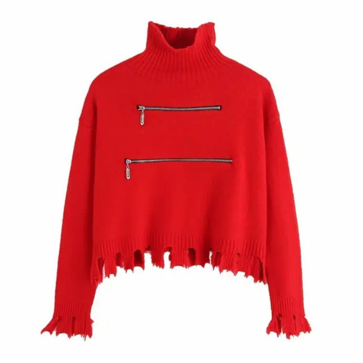 Damen stylischer Stehkragenpullover mit zwei asymmetrischen Reißverschlusstaschen und fransigem Saum Drune