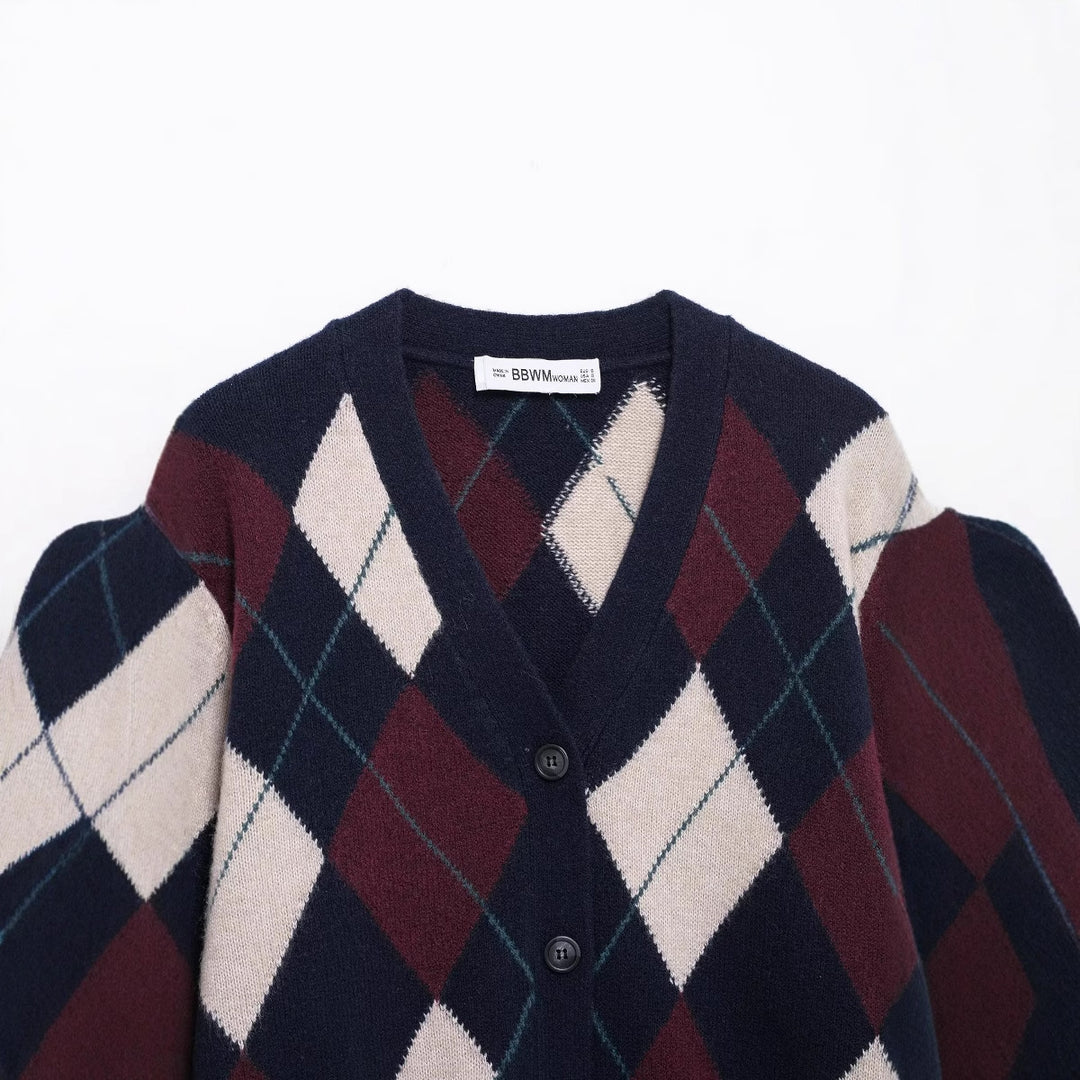 Damen lässige Strickjacke im modernen Rautenmuster mit V-Ausschnitt und Knopfdetails Drune