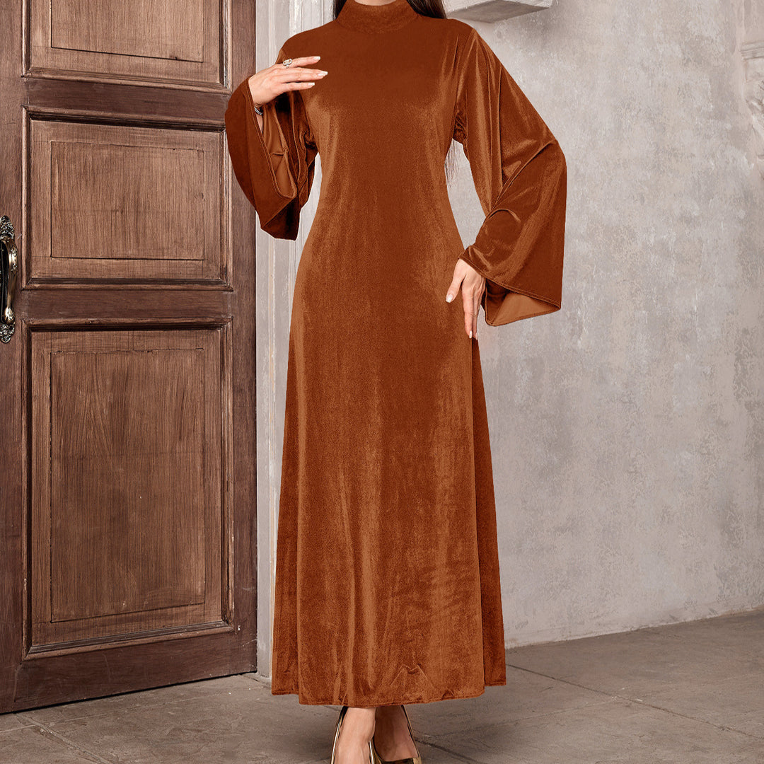 Damen tailliertes Maxikleid aus luxuriösem Samt mit voluminösen Ärmeln Drune