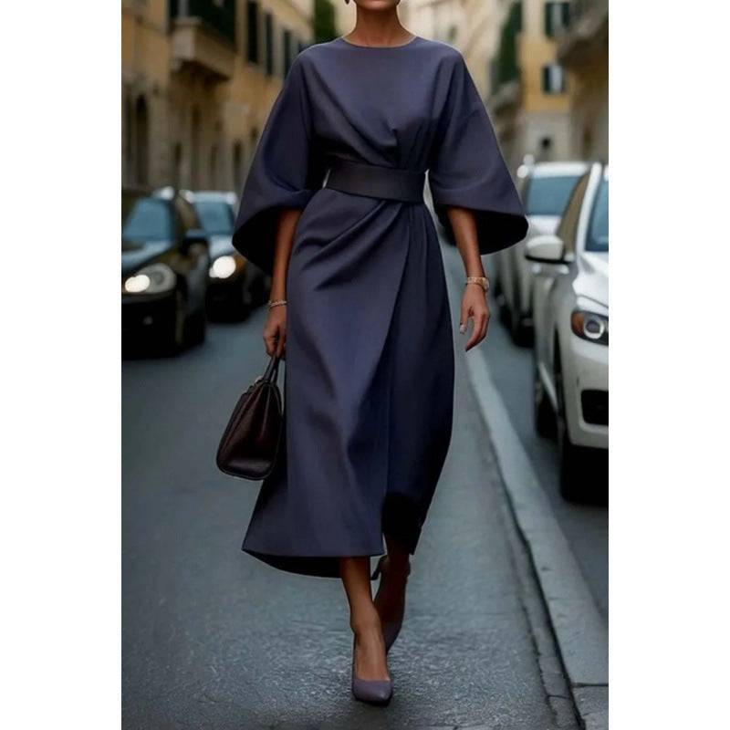 Damen Elegantes Midikleid mit weitem Kimonoärmel und tailliertem Wickelbund Drune
