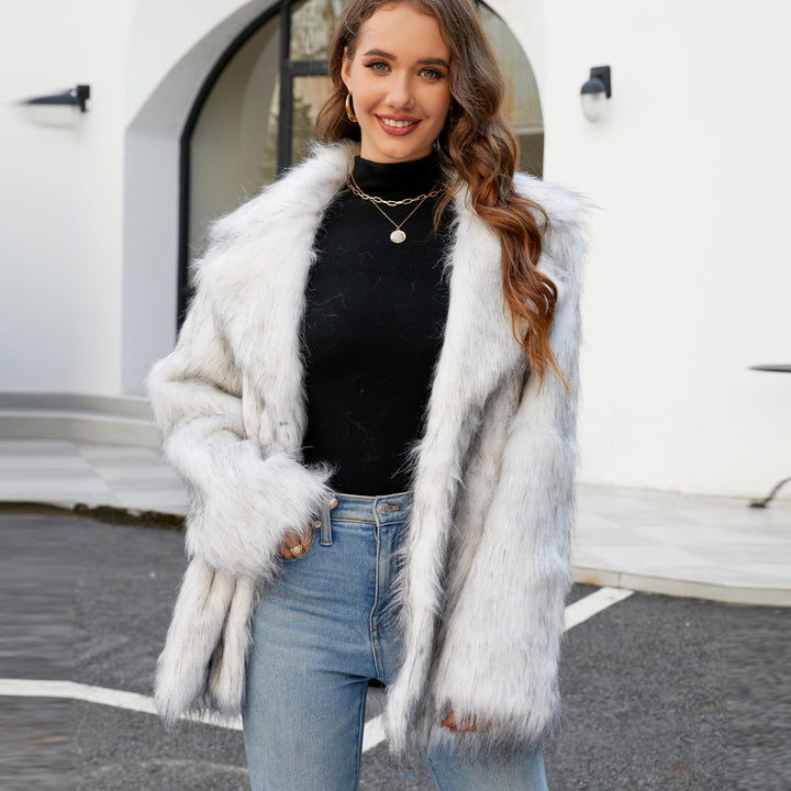 Damen Elegante Kunstpelzjacke mit breitem Revers und lockerer Passform Drune