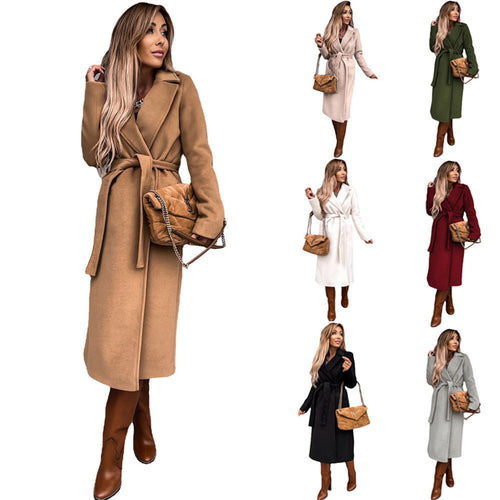 Damen eleganter Wolle-Mantel mit tailliertem Schnitt und Gürtel Drune