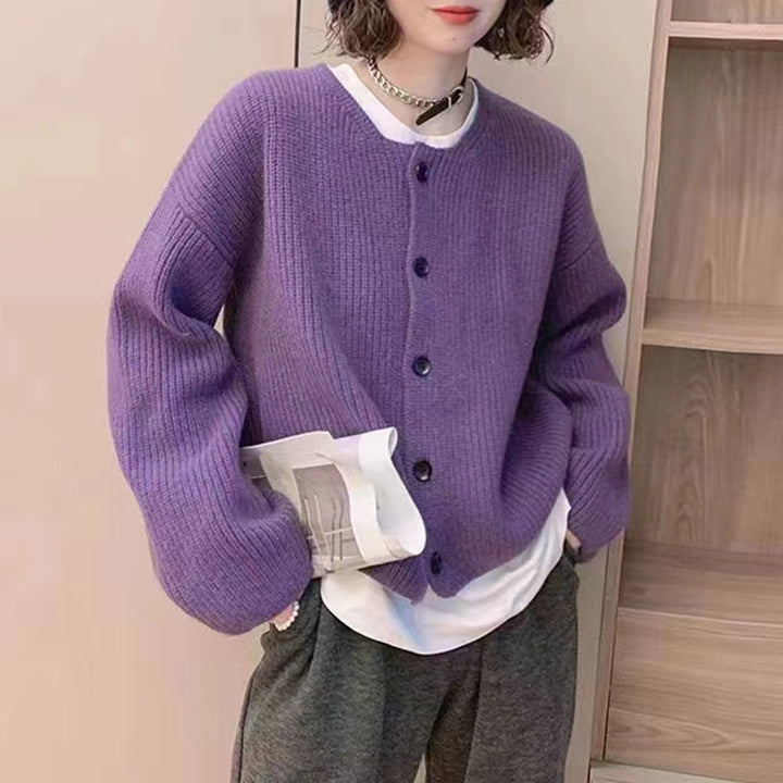 Damen lässige Strickjacke mit vorne offenen Knöpfen und ballonförmigen Ärmeln Drune