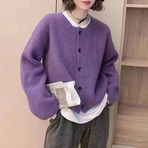Damen lässige Strickjacke mit vorne offenen Knöpfen und ballonförmigen Ärmeln Drune