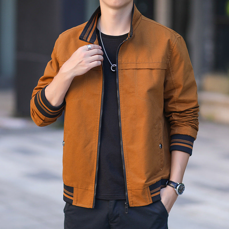 Herren moderner Canvas-Bomberjacke im Worker‑Stil mit gestreiften Rippbündchen und Reißverschluss Drune