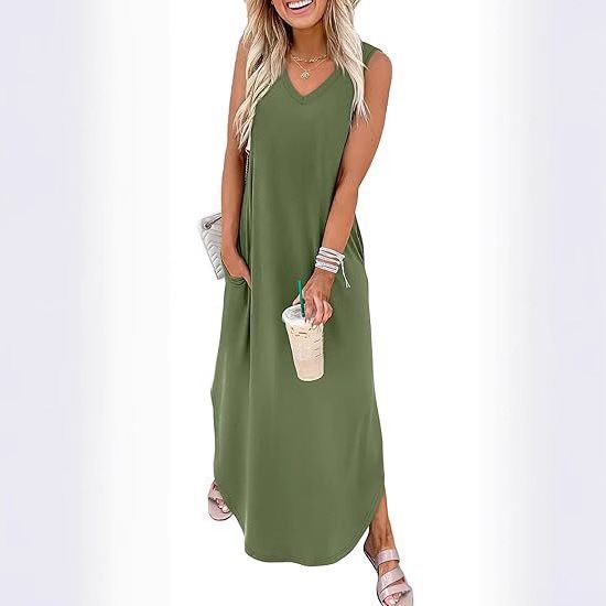 Damen Maxi-Kleid mit modernem V-Ausschnitt und praktischem Taschendesign Drune