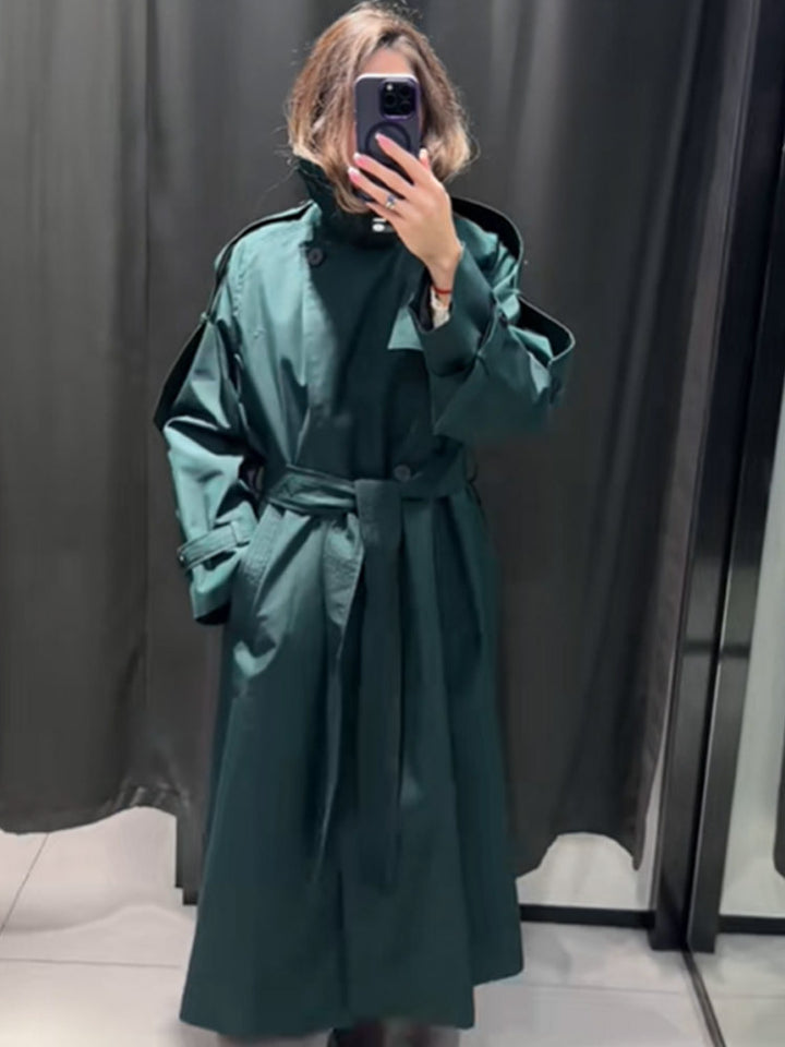 Damen Langer wasserabweisender Trenchcoat mit Taillengürtel und hohem Stehkragen Drune