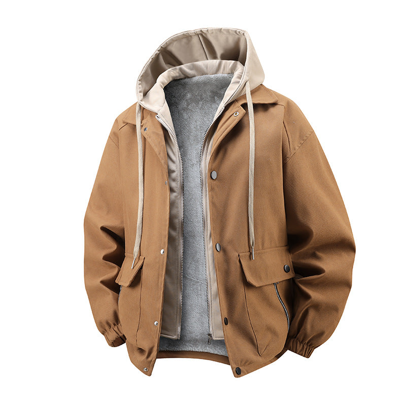 Herren  geschichtete Kapuzen Utility Parka Jacke mit kontrastierender Kapuze Innenfutter Klappe und Reißverschlusstaschen Drune