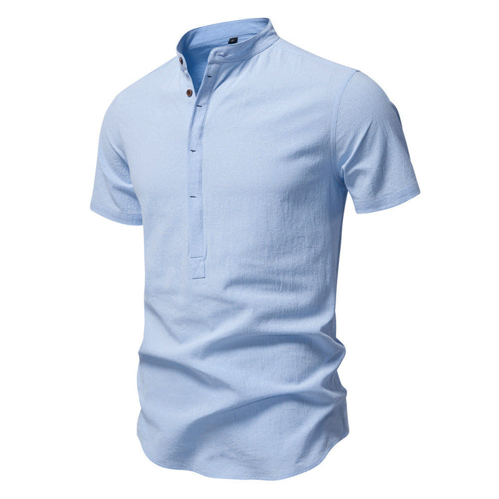 Herren nan lässiges Kurzarmshirt mit Stehkragen, halber Knopfleiste und leicht strukturierter Baumwoll-Leinen-Qualität Drune