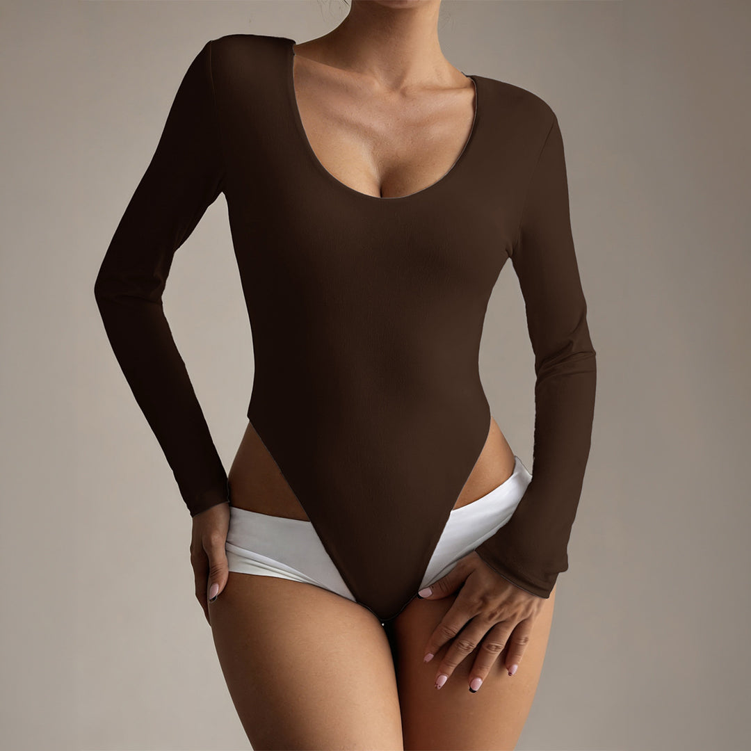 Damen Figurumspielender Langarm-Bodysuit mit tiefem Ausschnitt Drune