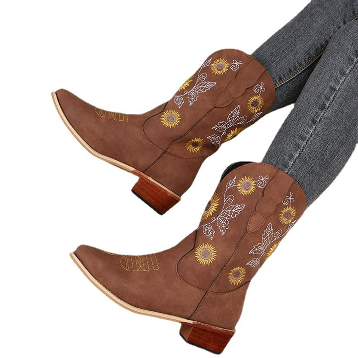 Damen Cowboy-Stiefel mit floralem Stickdesign und robustem Blockabsatz Drune