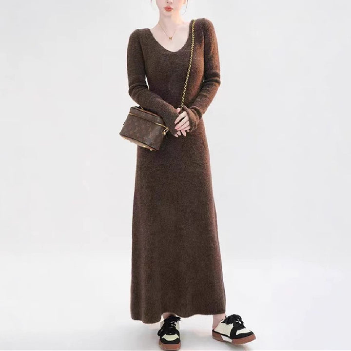 Damen Strickkleid mit V-Ausschnitt und langen Ärmeln Drune