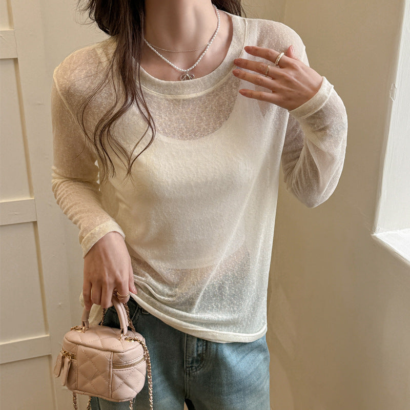 Damen Longsleeve Shirt Aus Leicht Transparentem Material mit Elegantem Fall Drune