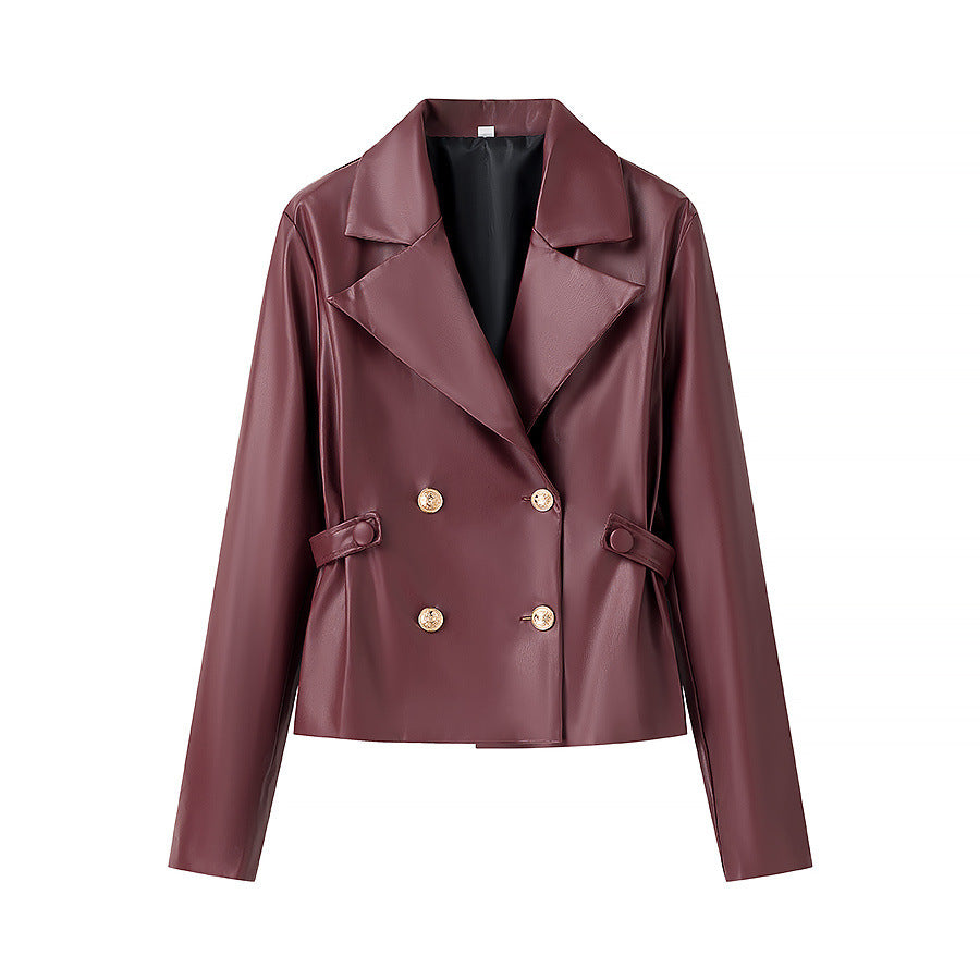 Damen nan tailliertes Doppelreiher-Blazer- und Faltenmini-Set aus veganem Leder Drune