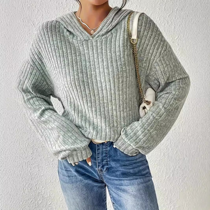 Damen Gerippter Kapuzenpullover mit V-Ausschnitt und Oversize-Ärmeln Drune
