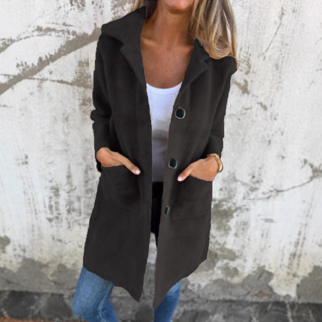 Damen Teddy-Mantel mit Oversize-Kragen, dekorativen Knöpfen und Eingrifftaschen Drune