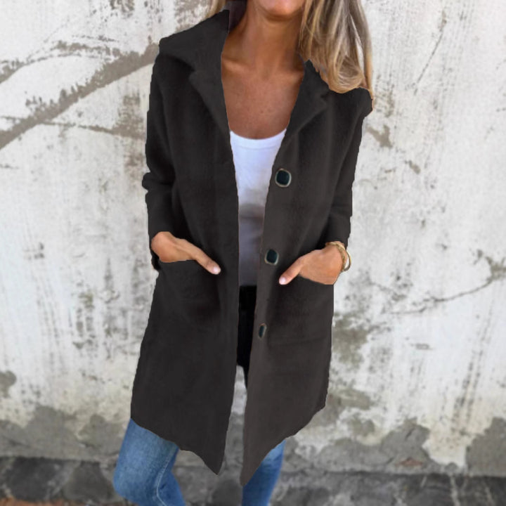 Damen Teddy-Mantel mit Oversize-Kragen, dekorativen Knöpfen und Eingrifftaschen Drune