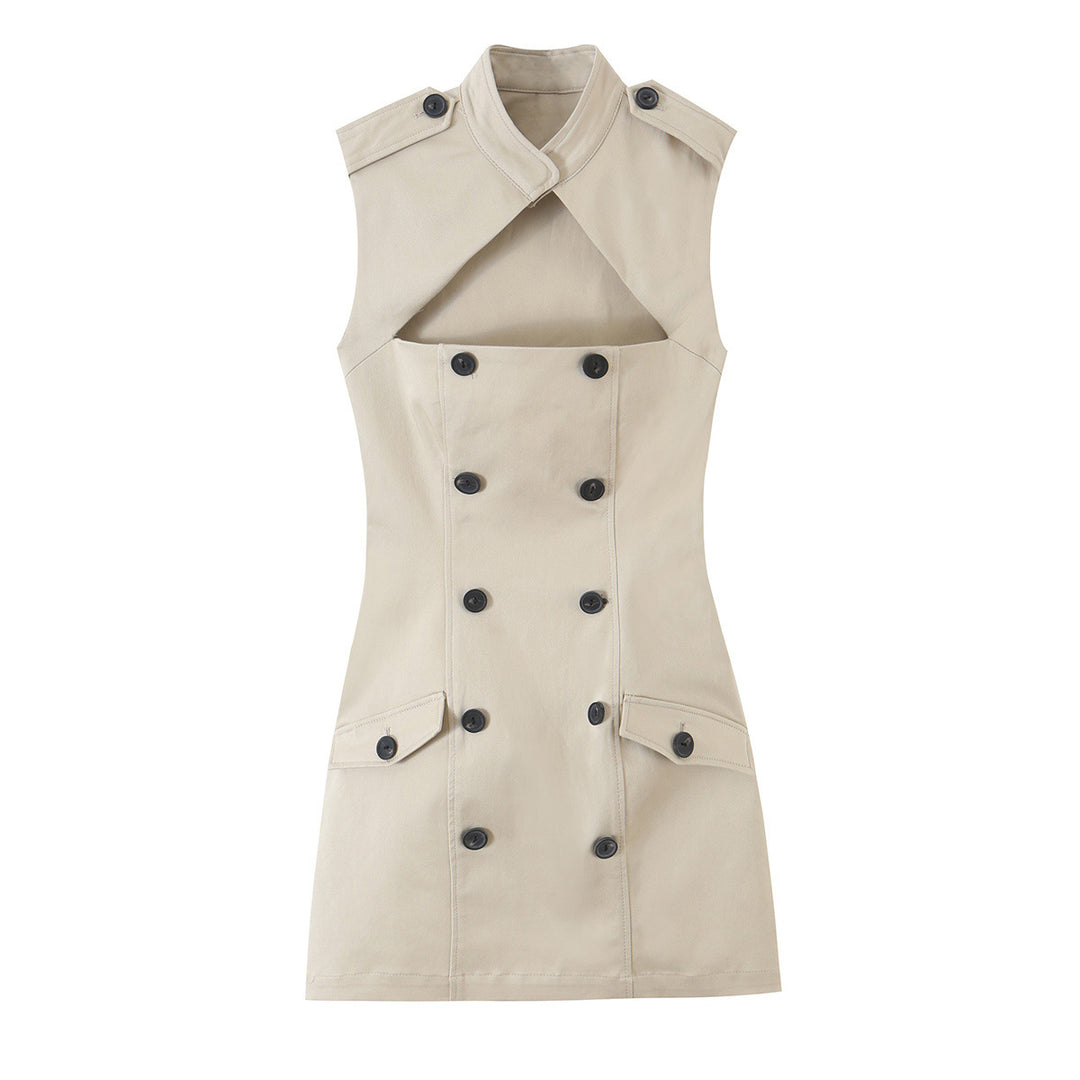 Damen Ärmelloses Trenchkleid mit Cut-Out und doppelreihiger Knopfleiste Drune