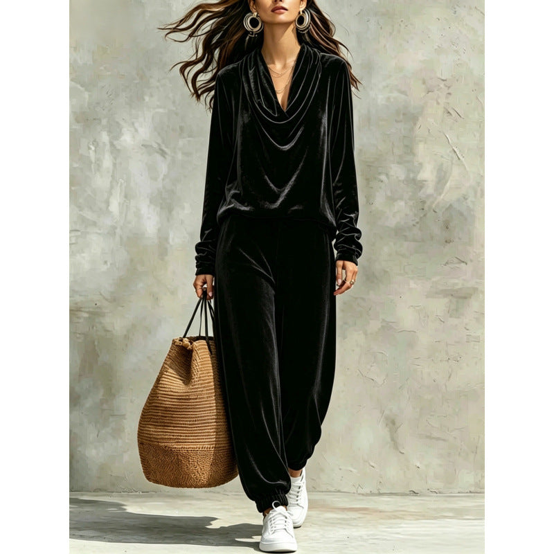 Damen Samt-Lounge-Set mit Wasserfallkragen und Jogger-Hose Drune