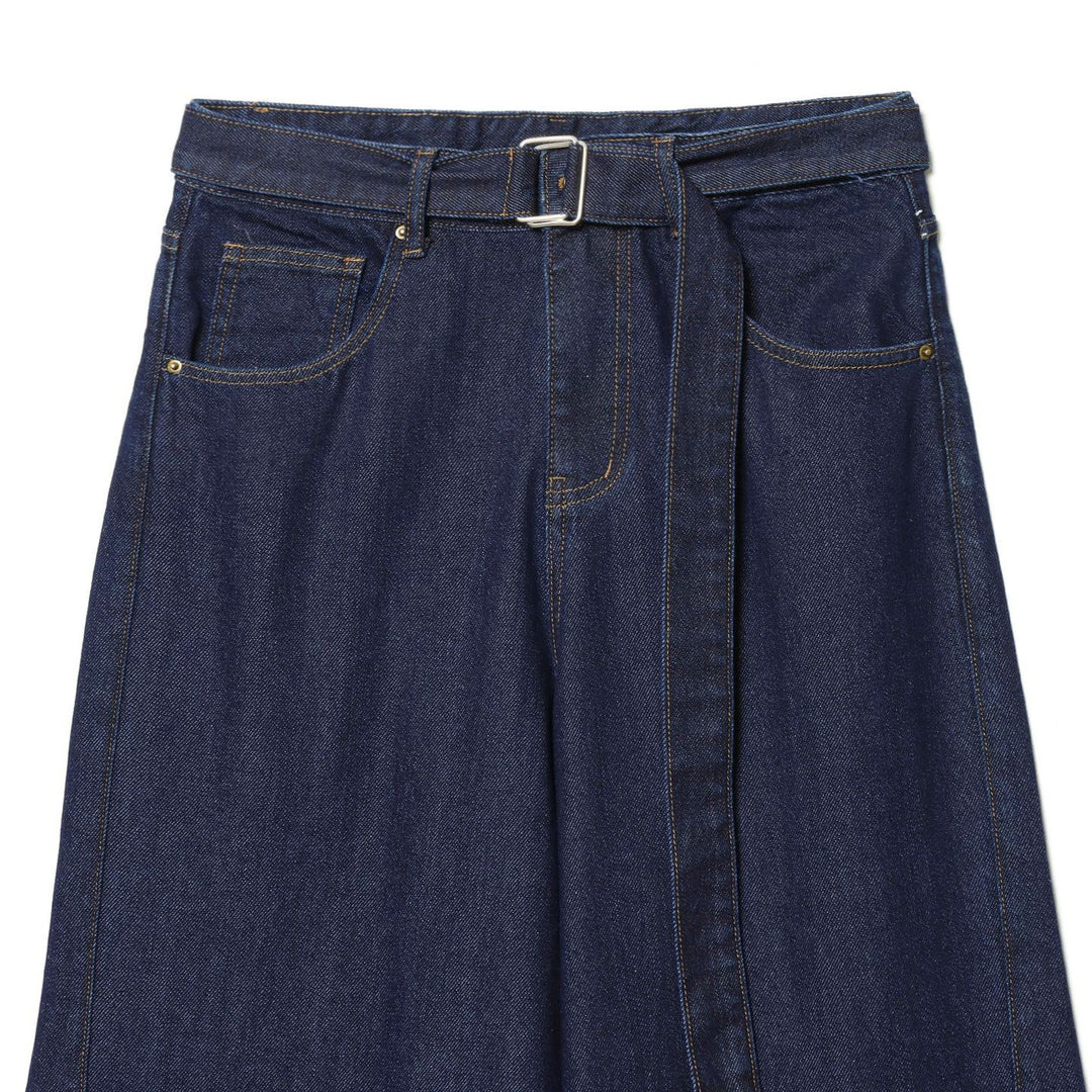 Damen nan hochgeschnittene Jeans mit weitem Bein, Stoffgürtel und großen Vordertaschen Drune