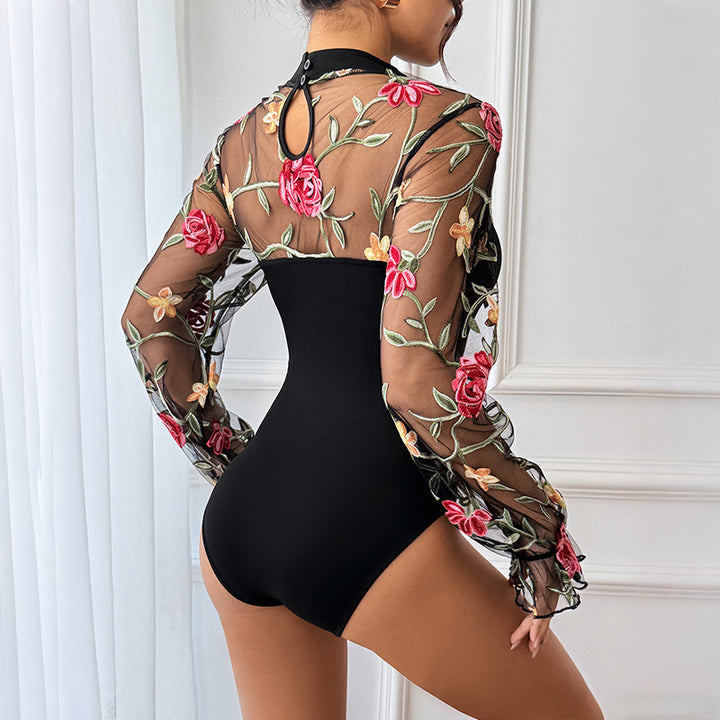 Damen Transparenter Mesh-Body mit floraler Stickerei, Stehkragen und Bustier-Optik Drune