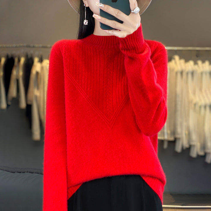 Damen Lockerer Mohair‑Blend Pullover mit strukturierter V‑Paneel und Stehkragen Drune