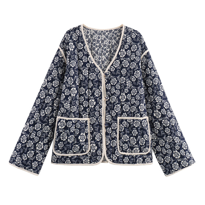 Damen nan gesteppte Kimono-Jacke mit floralem Alloverprint, V-Ausschnitt, kontrastpaspel und aufgesetzten Taschen Drune