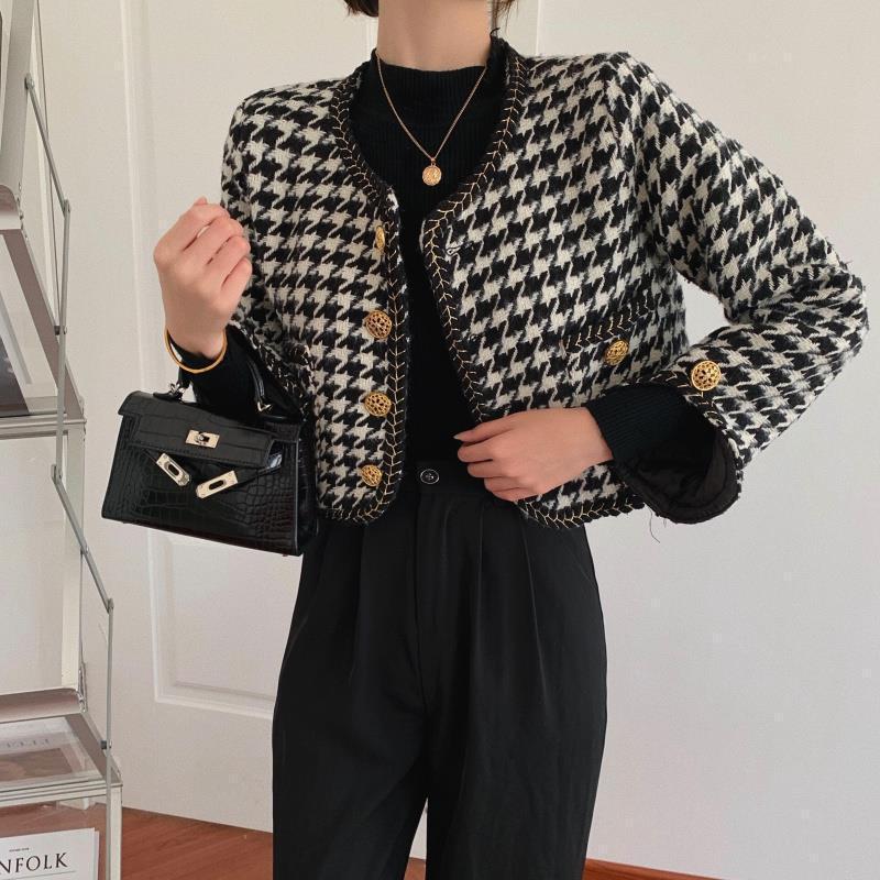 Damen Designer-Jacke im Hahnentritt-Design mit goldenen Knöpfen Drune