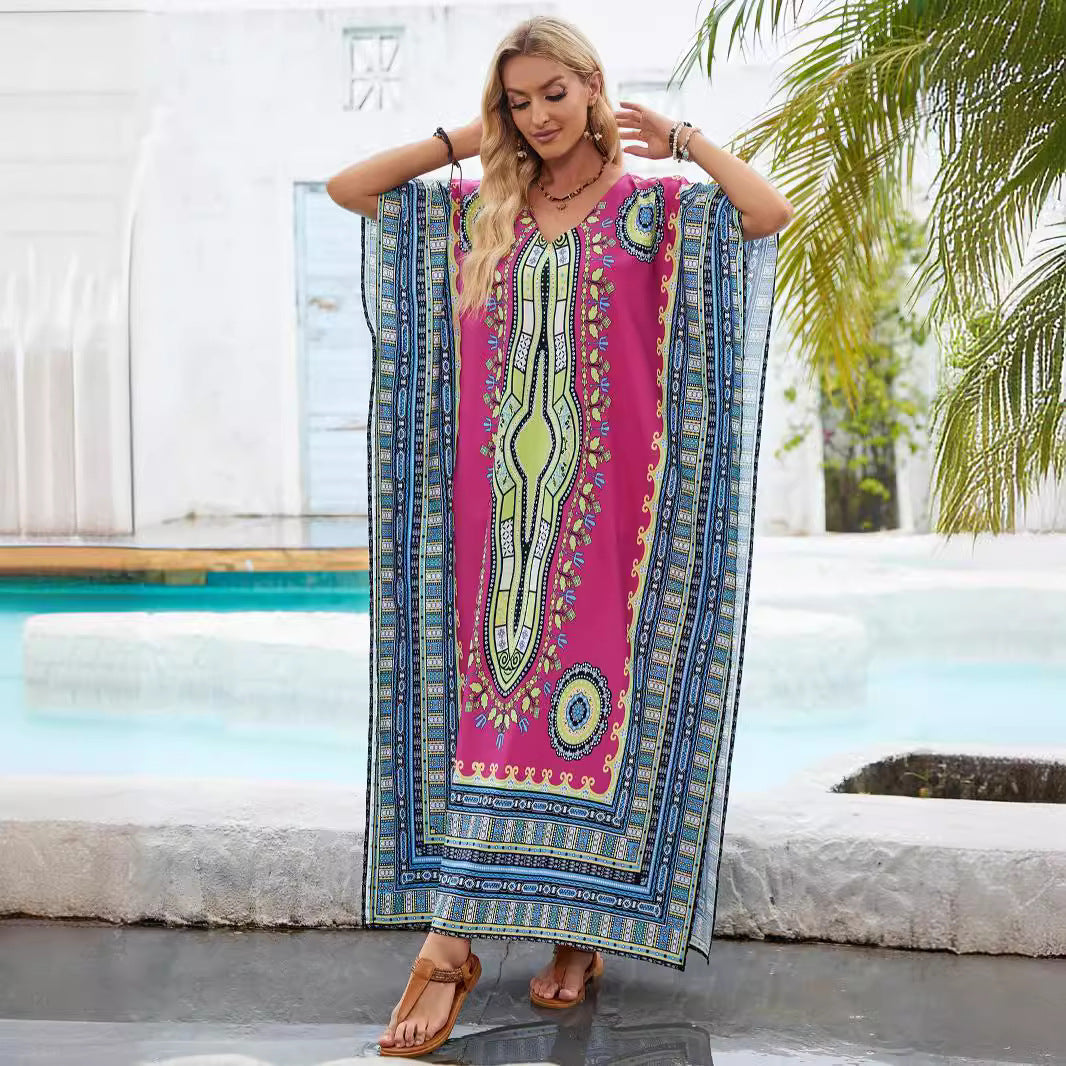 Damen Kaftan mit buntem ethnischen Muster und seitlichem Schlitz Drune