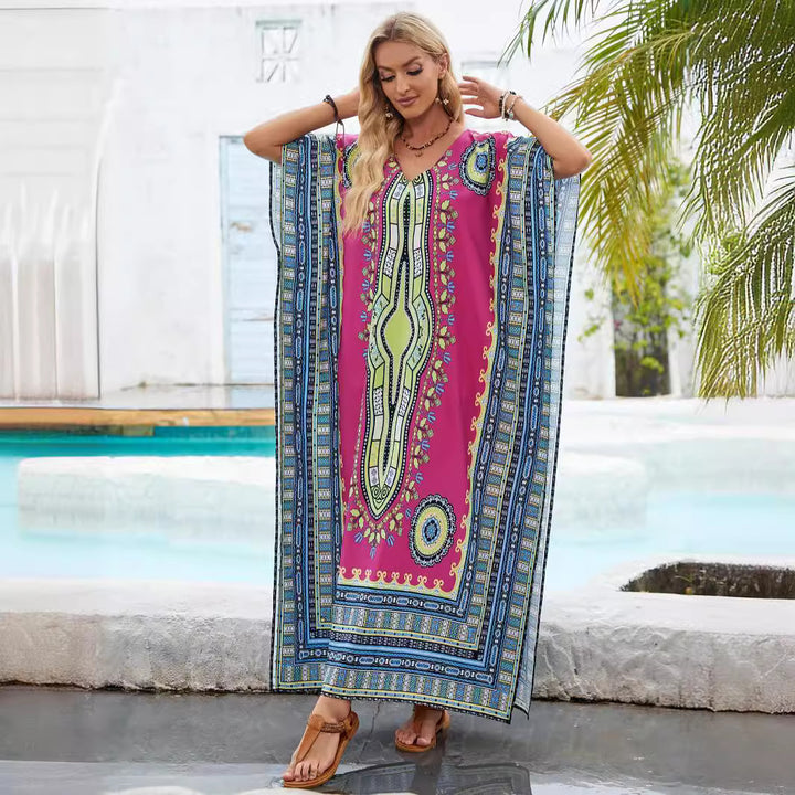 Damen Kaftan mit buntem ethnischen Muster und seitlichem Schlitz Drune