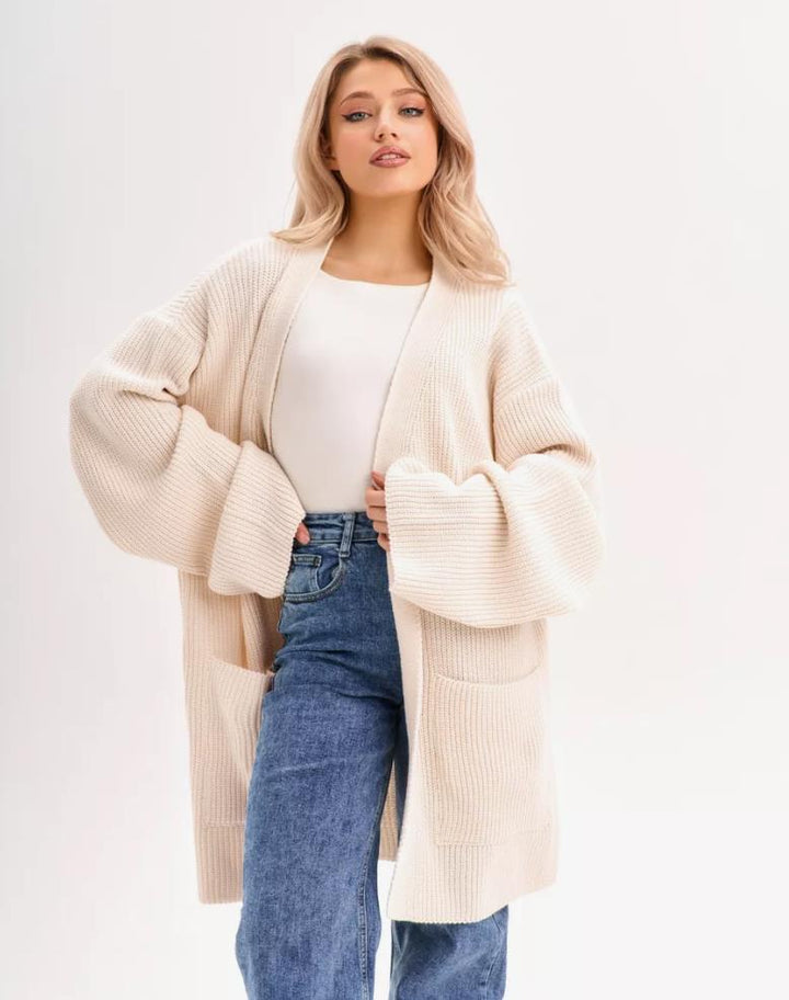 Damen kuscheliger langer Strickcardigan mit weiten Ärmeln und praktischen Taschen Drune