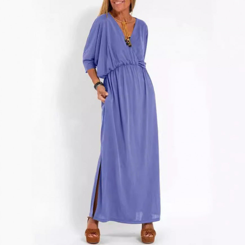 Damen lässiges Maxikleid mit V-Ausschnitt und seitlichen Schlitzen Drune