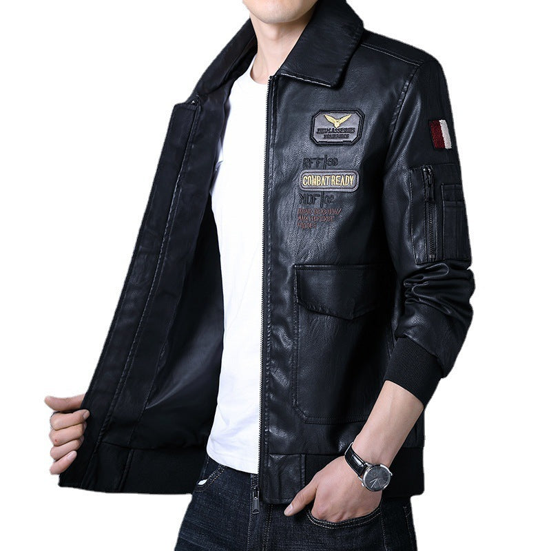 Herren Piloten‑Bomberjacke aus Kunstleder mit gestickten Patches und Rippbündchen Drune