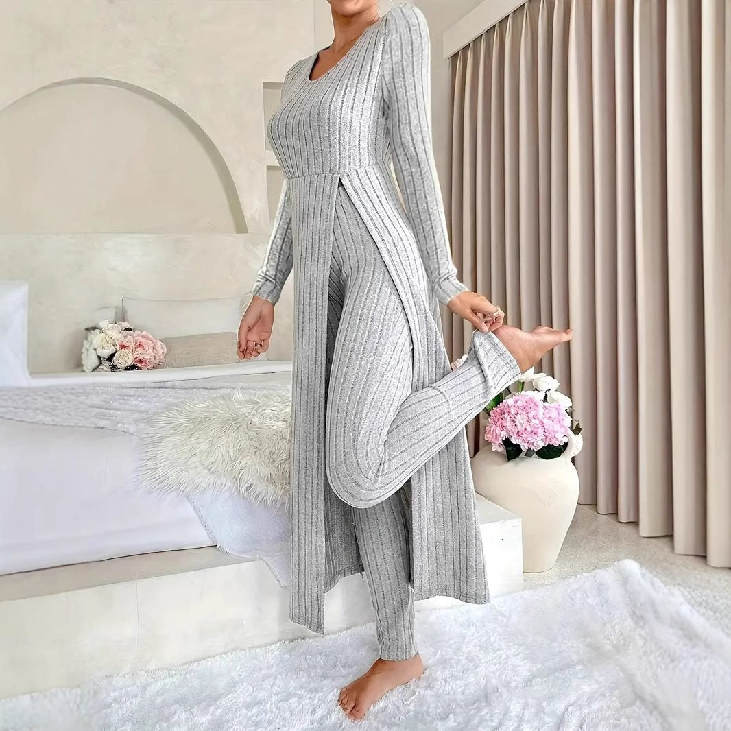 Damen eleganter und modischer Jumpsuit mit seitlichen Schlitzen und langen Ärmeln Drune